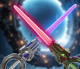 Double-Ended Retractable Lightsaber Toy – Dual-Blade Light-Up Saber with Multiple Lighting Styles in action with vibrant blades.
